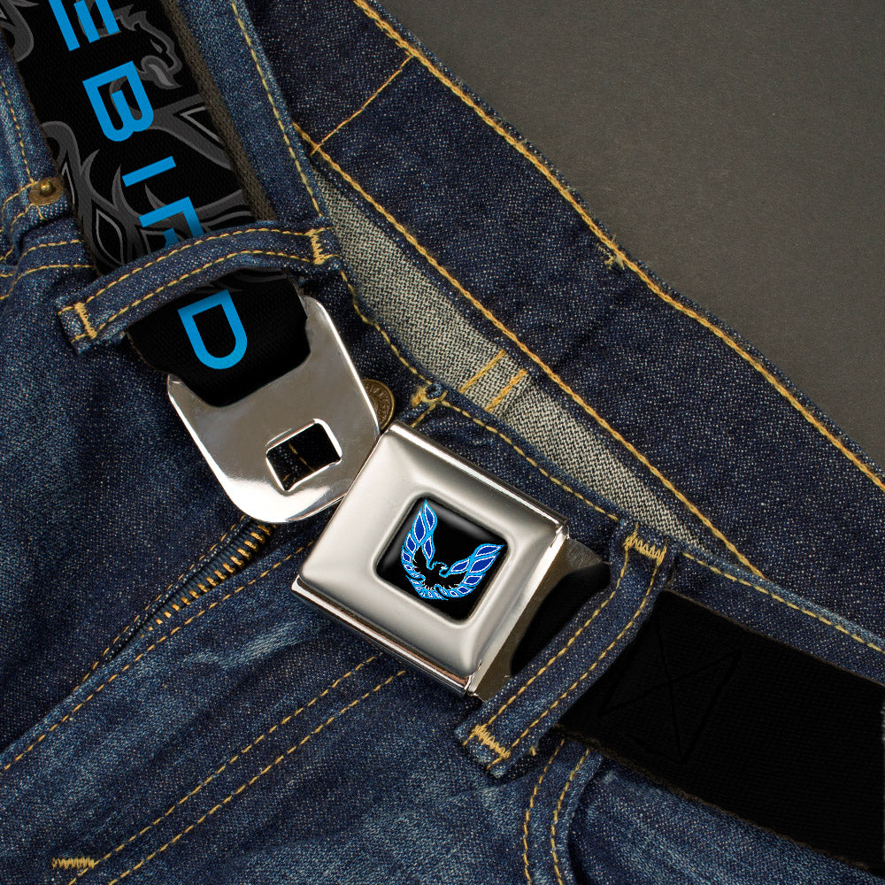 Pontiac Firebird Logo Full Color Black Blues Seatbelt Belt - Pontiac FIREBIRD/Logo Black/Grays/Blues Webbing
