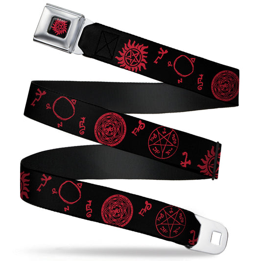 Winchester Pentagram Full Color Black Red Seatbelt Belt - Supernatural Symbols Scattered Black/Red Webbing