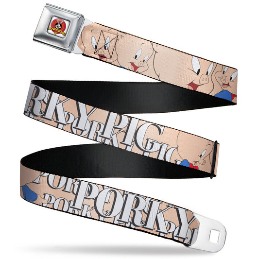 Looney Tunes Logo Full Color White Seatbelt Belt - PORKY PIG w/Poses Pink Webbing