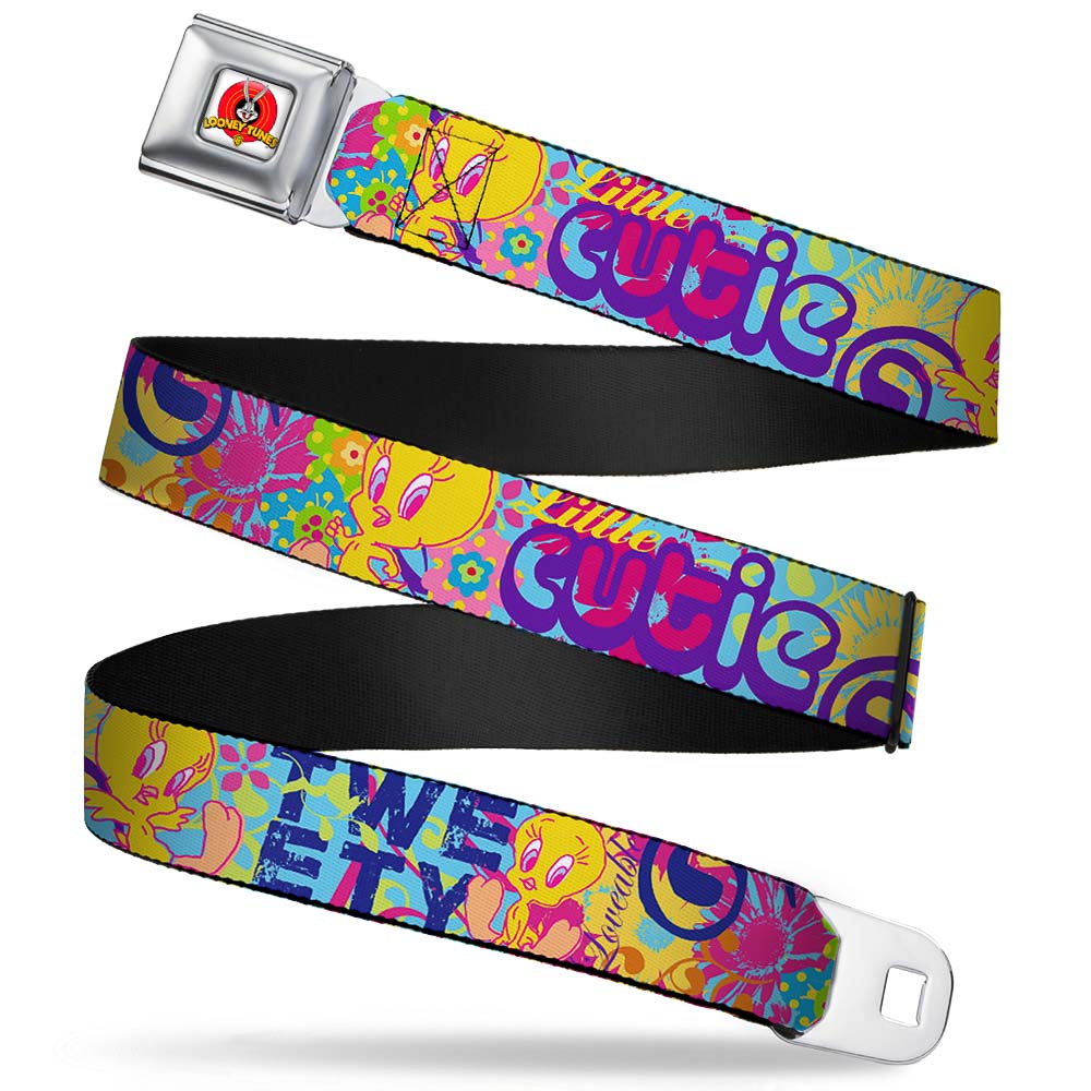 Looney Tunes Logo Full Color White Seatbelt Belt - Tweety Bird Poses LITTLE CUTIE-LOVEABLE Blue/Multi Color Webbing