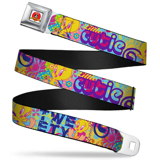 Looney Tunes Logo Full Color White Seatbelt Belt - Tweety Bird Poses LITTLE CUTIE-LOVEABLE Blue/Multi Color Webbing