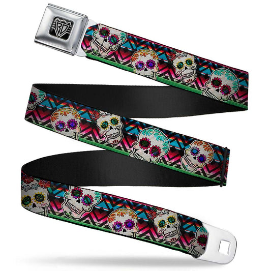 BD Wings Logo CLOSE-UP Full Color Black Silver Seatbelt Belt - Sugar Skulls Zarape Multi Color Webbing