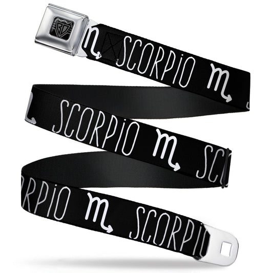 BD Wings Logo CLOSE-UP Full Color Black Silver Seatbelt Belt - Zodiac SCORPIO/Symbol Black/White Webbing