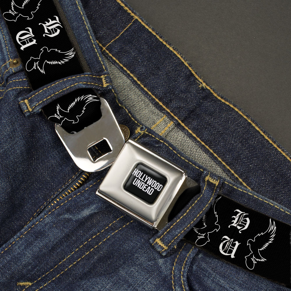 HOLLYWOOD UNDEAD Text Logo Full Color Black/White Seatbelt Belt - Hollywood Undead HU Shatter Dove & Grenade Black/White Webbing