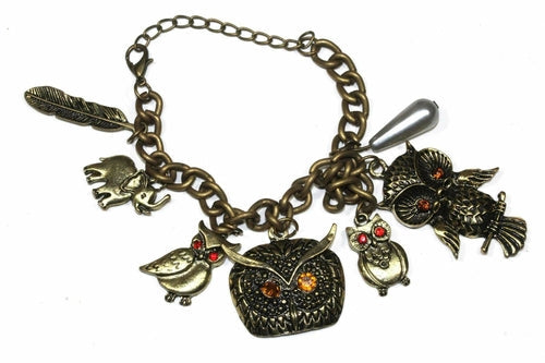 Owl Elephant Feather Charm Bracelet Bronze Boho Chic