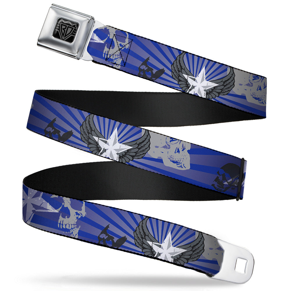BD Wings Logo CLOSE-UP Full Color Black Silver Seatbelt Belt - Die Hard Skulls & Stars1 Blue/Grays Webbing