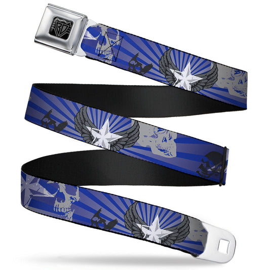 BD Wings Logo CLOSE-UP Full Color Black Silver Seatbelt Belt - Die Hard Skulls & Stars1 Blue/Grays Webbing