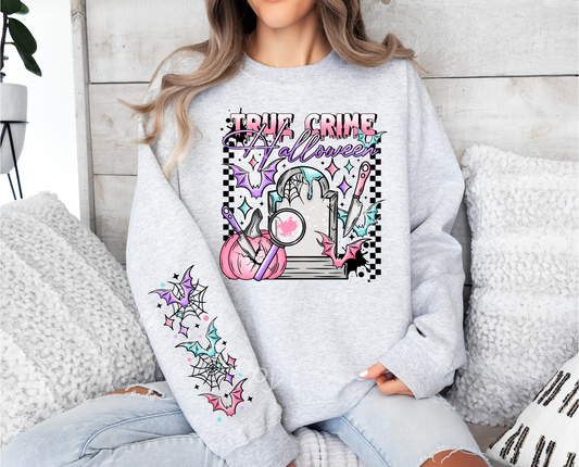 PASTEL TRUE CRIME CREWNECK SWEATSHIRT W/ SLEEVE PRINT