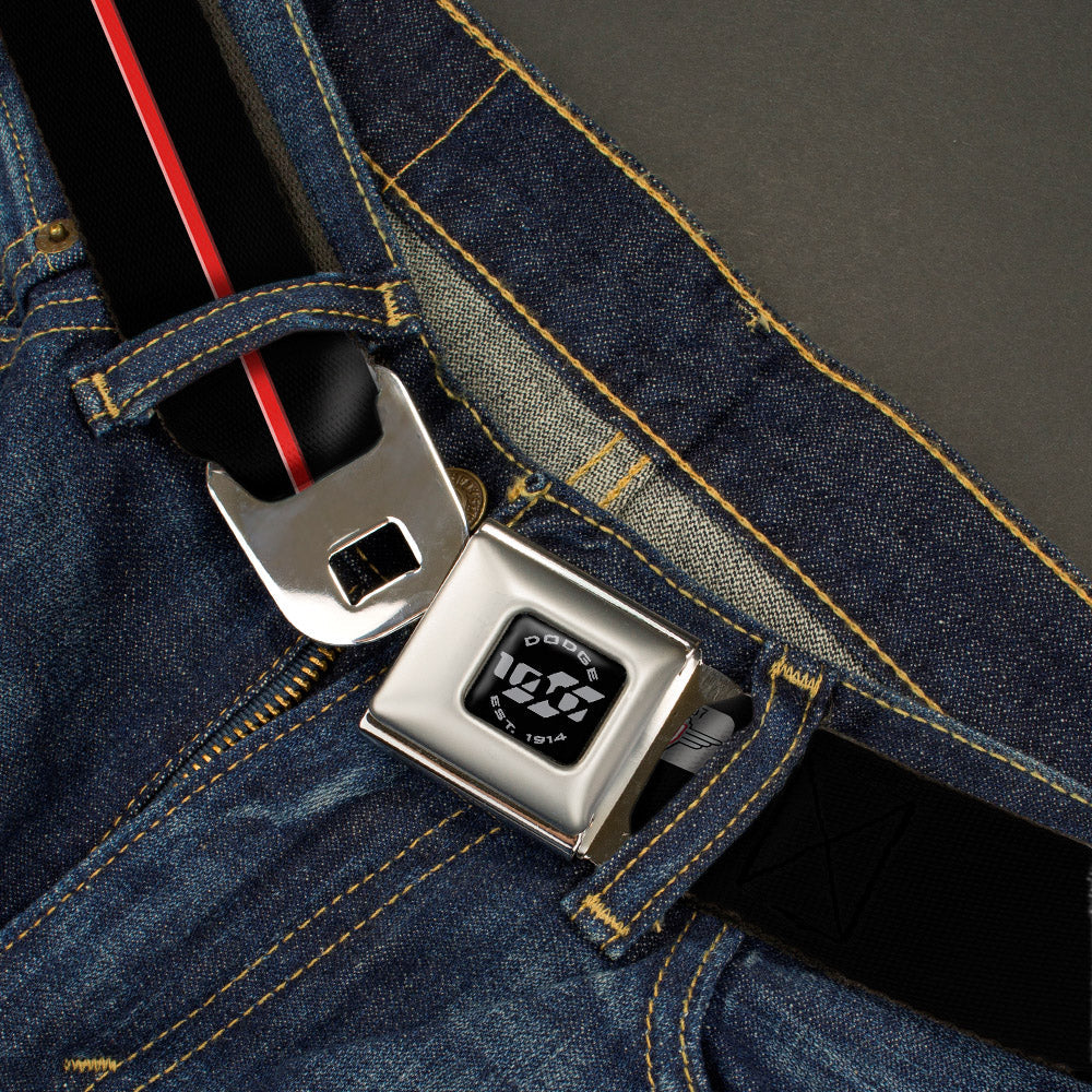 Dodge 100th Anniversary Logo Brushed Silver Black Seatbelt Belt - Dodge 100th Anniversary Rhombus/Stripe Black-Gray Swirl/Red Webbing