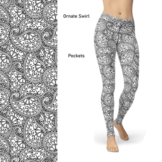 Black White Ornate Paisley Color Book  Leggings