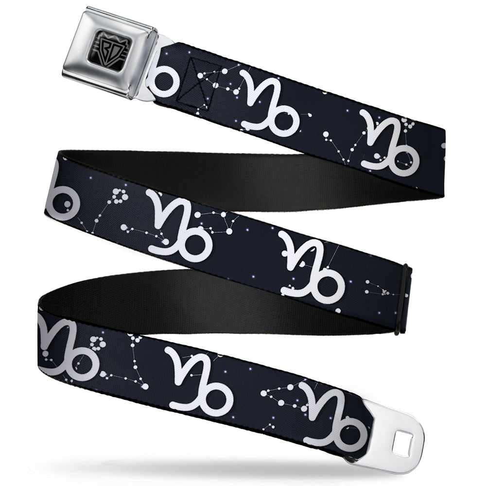 BD Wings Logo CLOSE-UP Full Color Black Silver Seatbelt Belt - Zodiac Capricorn Symbol/Constellations Black/White Webbing