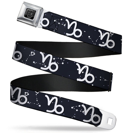 BD Wings Logo CLOSE-UP Full Color Black Silver Seatbelt Belt - Zodiac Capricorn Symbol/Constellations Black/White Webbing