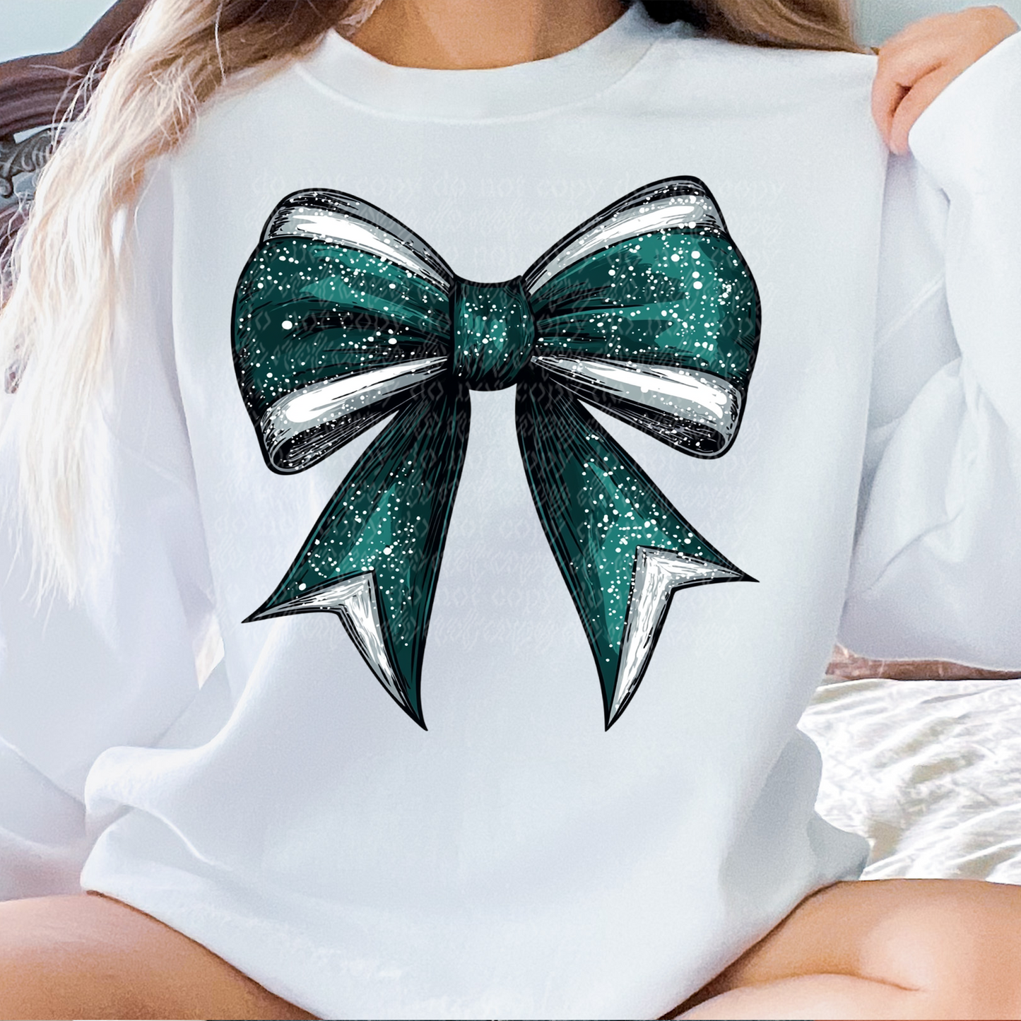 TEAL GREEN GLITTER BOW SWEATSHIRT