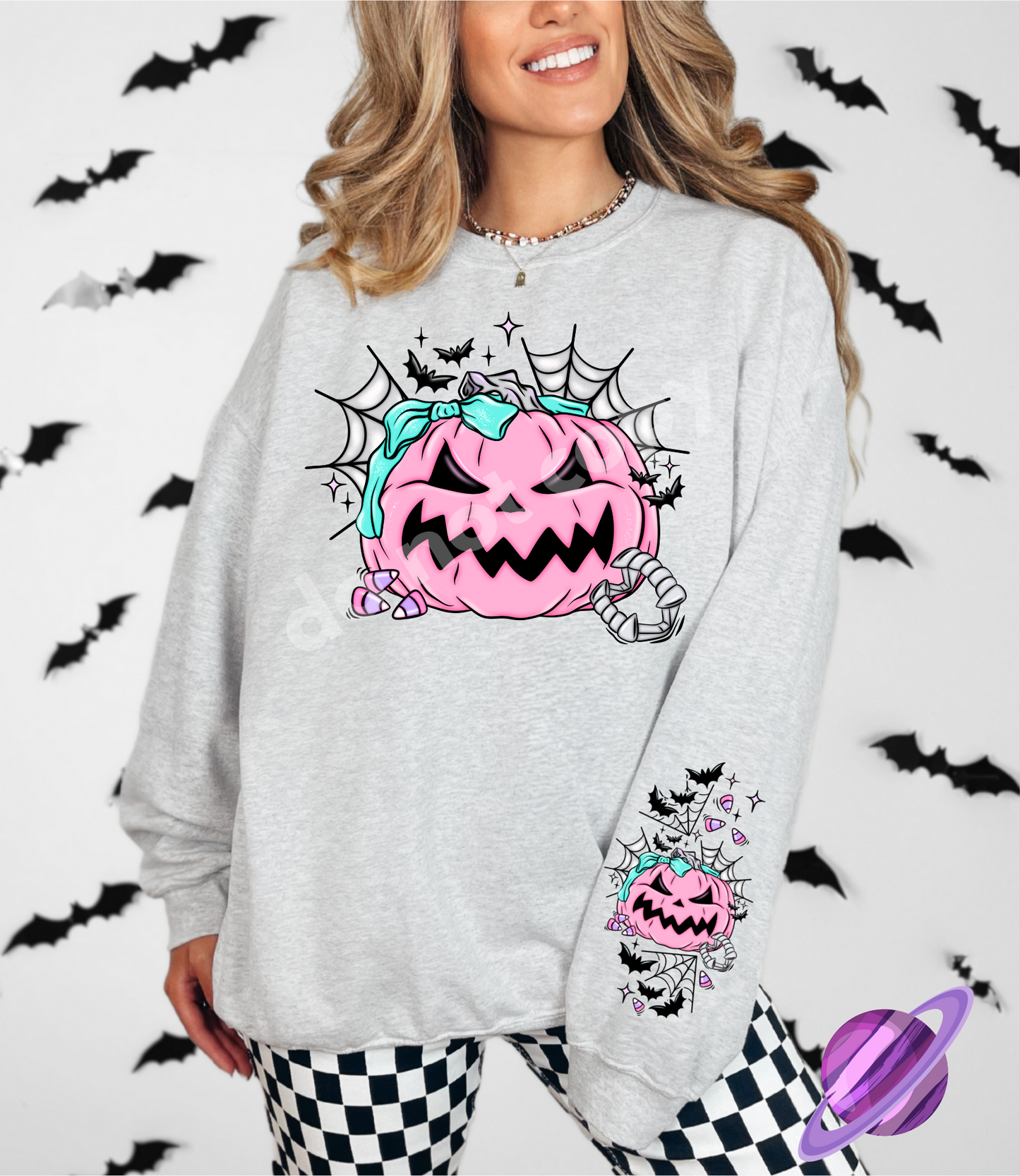 PASTEL PINK PUMPKIN - CREWNECK SWEATSHIRT  W/ SLEEVE PRINT