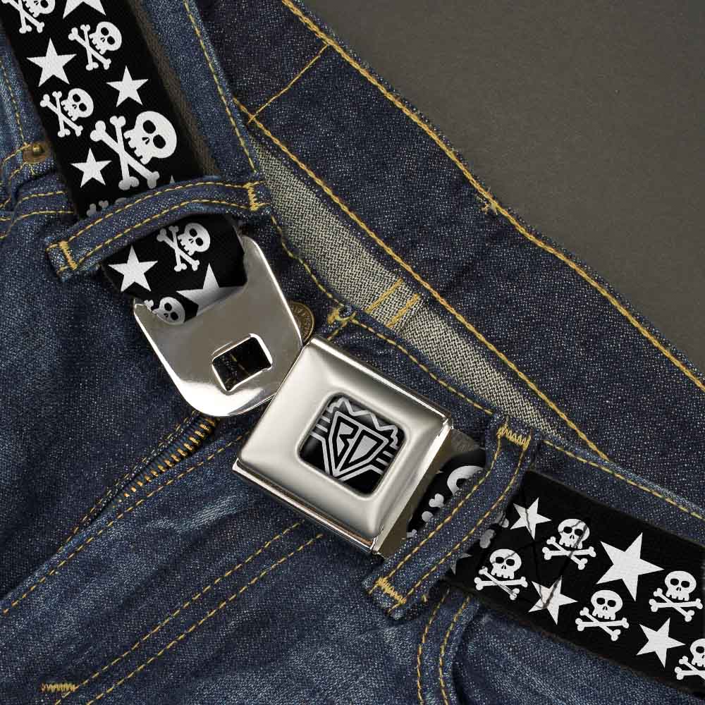 BD Wings Logo CLOSE-UP Full Color Black Silver Seatbelt Belt - Skulls & Stars Black/White Webbing