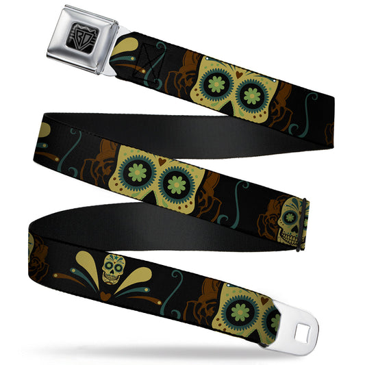 BD Wings Logo CLOSE-UP Full Color Black Silver Seatbelt Belt - Sugar Skulls Black/Olive/Burgundy Webbing