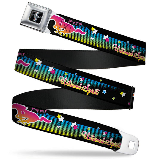 Ford Mustang Emblem Seatbelt Belt - Mustang PONY GIRL UNTAMED SPIRIT/Stars Black/Multi Color Webbing