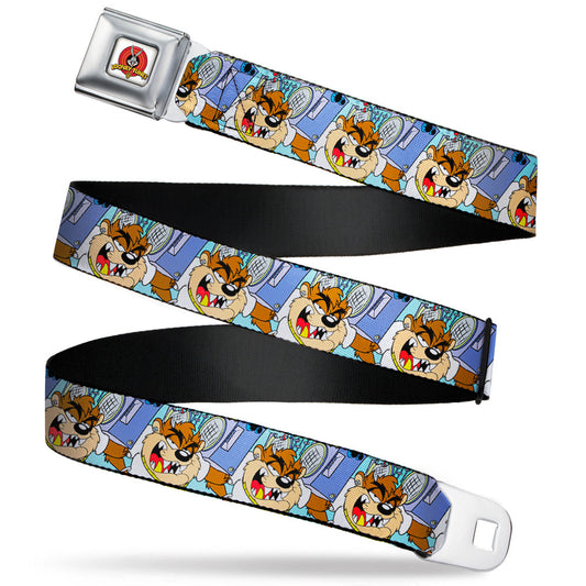 Looney Tunes Logo Full Color White Seatbelt Belt - Tasmanian Devil Boom Box Pose Baby Blue Webbing