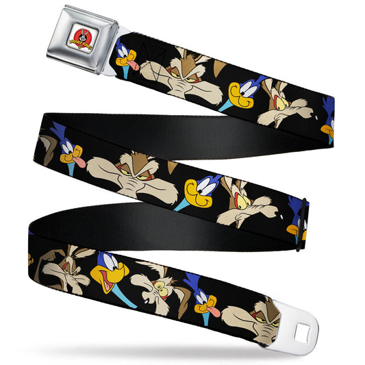 Looney Tunes Logo Full Color White Seatbelt Belt - Road Runner/Wile E. Coyote Expressions CLOSE-UP Black Webbing