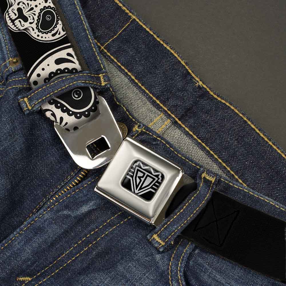 BD Wings Logo CLOSE-UP Full Color Black Silver Seatbelt Belt - Panda Bear Sugar Skull CLOSE-UP Scattered Black/Cream Webbing