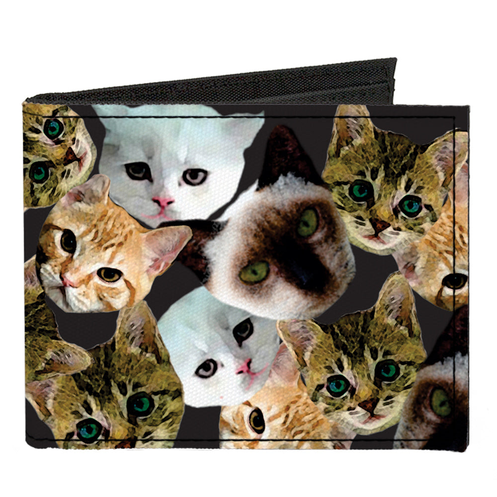 Canvas Bi-Fold Wallet - Kitten Faces Scattered Black