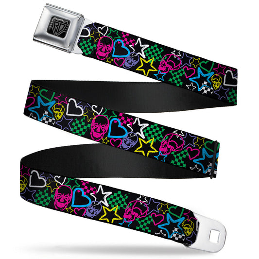 BD Wings Logo CLOSE-UP Full Color Black Silver Seatbelt Belt - Sketch Skull/Star/Heart/Checker Black/Multi Webbing