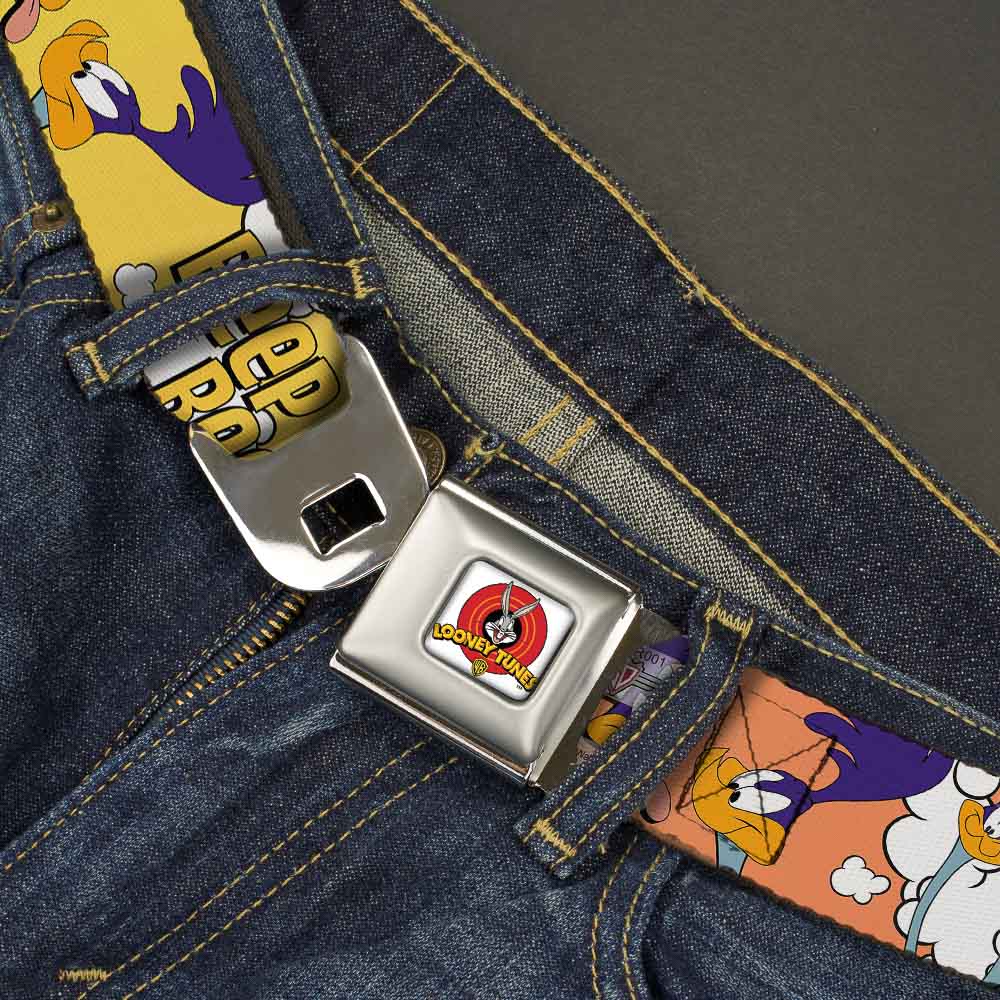 Looney Tunes Logo Full Color White Seatbelt Belt - ROAD RUNNER w/Road Runner Poses Orange Webbing