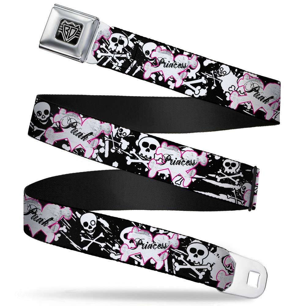 BD Wings Logo CLOSE-UP Full Color Black Silver Seatbelt Belt - Punk Princess Heart & Cross Bones w/Skulls & Splatter Black/White Webbing