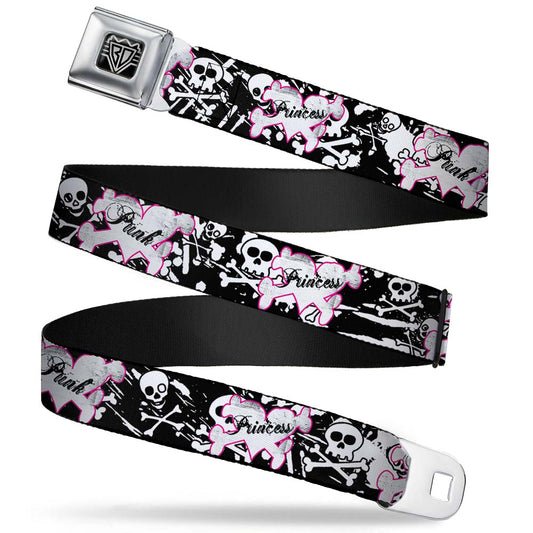 BD Wings Logo CLOSE-UP Full Color Black Silver Seatbelt Belt - Punk Princess Heart & Cross Bones w/Skulls & Splatter Black/White Webbing