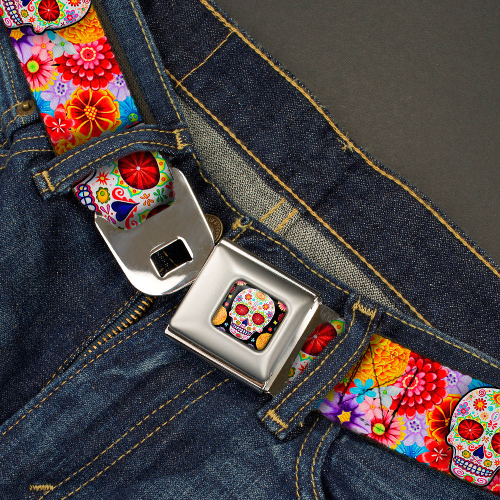 Sugar Skull Starburst Full Color Black/Multi Color Seatbelt Belt - Sugar Skull Starburst White/Multi Color Webbing
