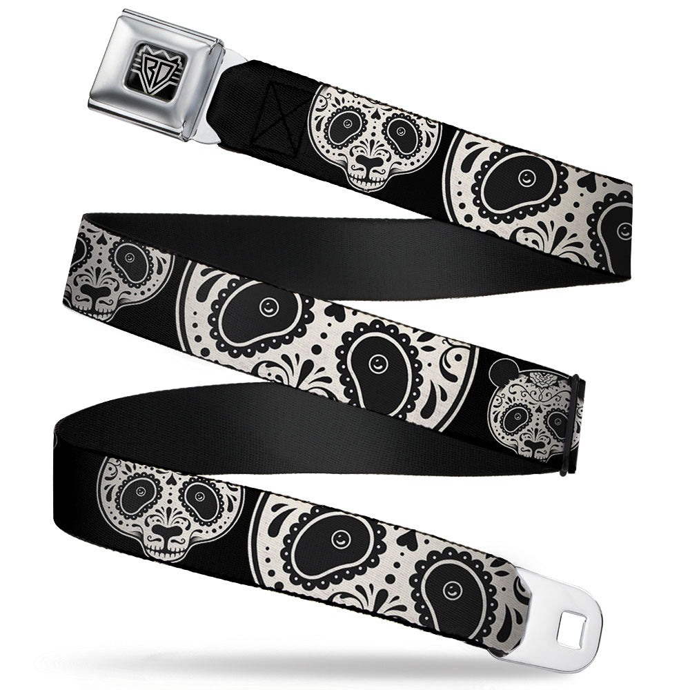 BD Wings Logo CLOSE-UP Full Color Black Silver Seatbelt Belt - Panda Bear Sugar Skull CLOSE-UP Scattered Black/Cream Webbing