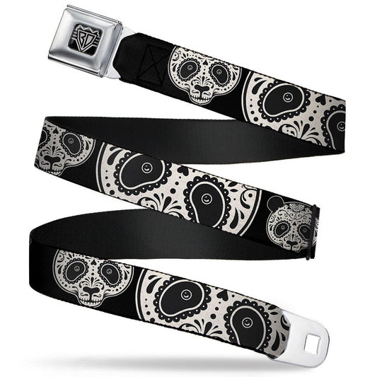 BD Wings Logo CLOSE-UP Full Color Black Silver Seatbelt Belt - Panda Bear Sugar Skull CLOSE-UP Scattered Black/Cream Webbing