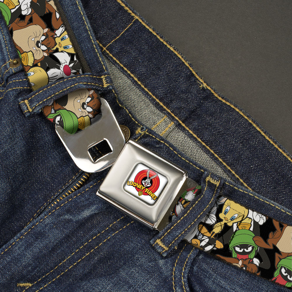 Looney Tunes Logo Full Color White Seatbelt Belt - Looney Tunes 6-Character Stacked Collage4 Webbing