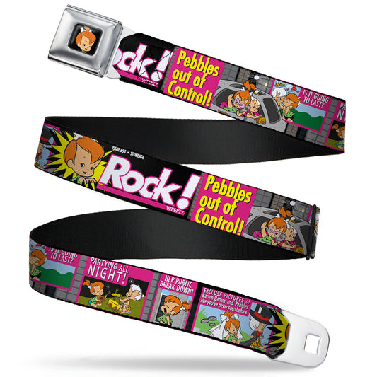 Pebbles Face1 Full Color Black Seatbelt Belt - The Flintstones Tabloid - ROCK! PEBBLES OUT OF CONTROL Webbing
