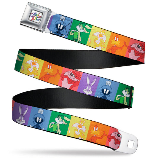 Looney Tunes THAT'S ALL FOLKS Script Full Color White/Multi Color Seatbelt Belt - Looney Tunes 6-Character Pose Pride Blocks Multi Color Webbing