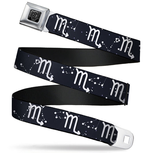 BD Wings Logo CLOSE-UP Full Color Black Silver Seatbelt Belt - Zodiac Scorpio Symbol/Constellations Black/White Webbing