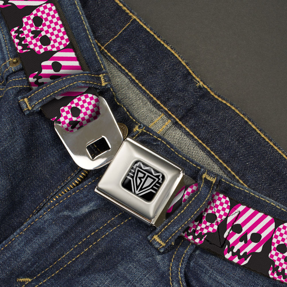 BD Wings Logo CLOSE-UP Full Color Black Silver Seatbelt Belt - Checker & Stripe Skulls Black/White/Purple Webbing