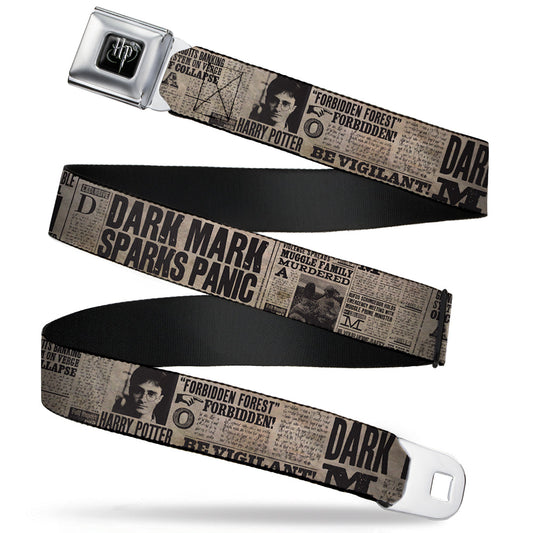 Harry Potter Logo Full Color Black/White Seatbelt Belt - Harry Potter Newspaper Headlines Webbing