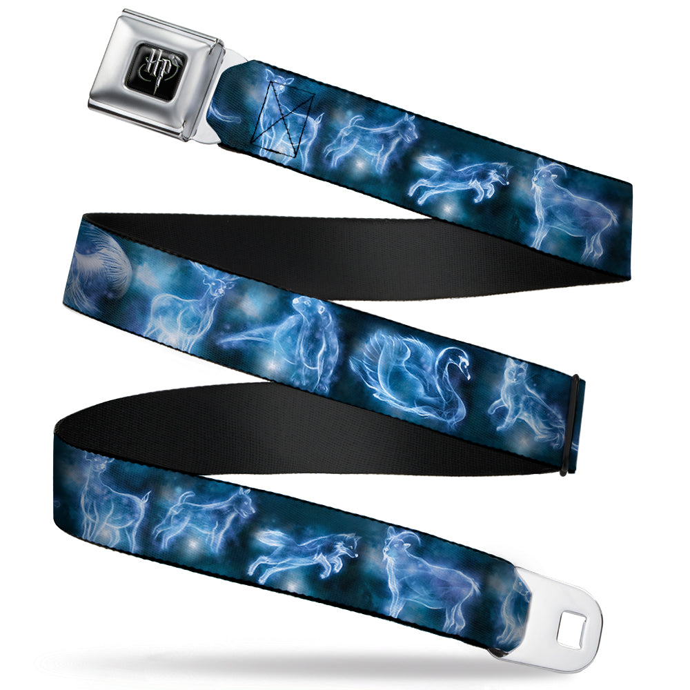 Harry Potter Logo Full Color Black/White Seatbelt Belt - Harry Potter Animal Spirits Black/Blue Webbing
