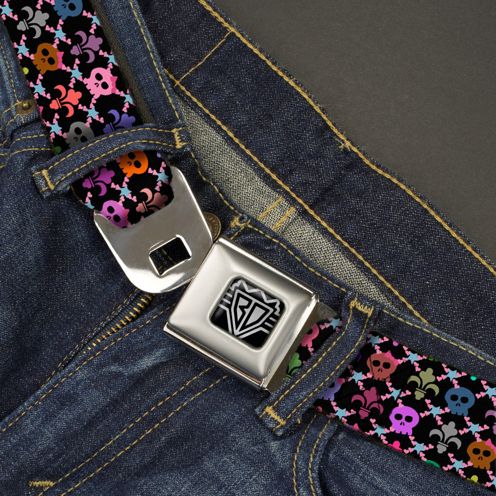 BD Wings Logo CLOSE-UP Full Color Black Silver Seatbelt Belt - Skull & Fleur-de-Lis Black/Multi Color Webbing