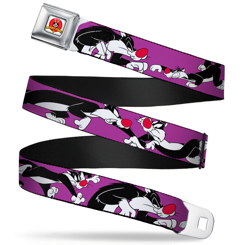 Looney Tunes Logo Full Color White Seatbelt Belt - Sylvester the Cat Poses Purple Webbing
