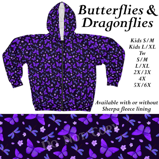 Butterflies and Dragonflies zip up hoodie with or without sherpa fleece lining