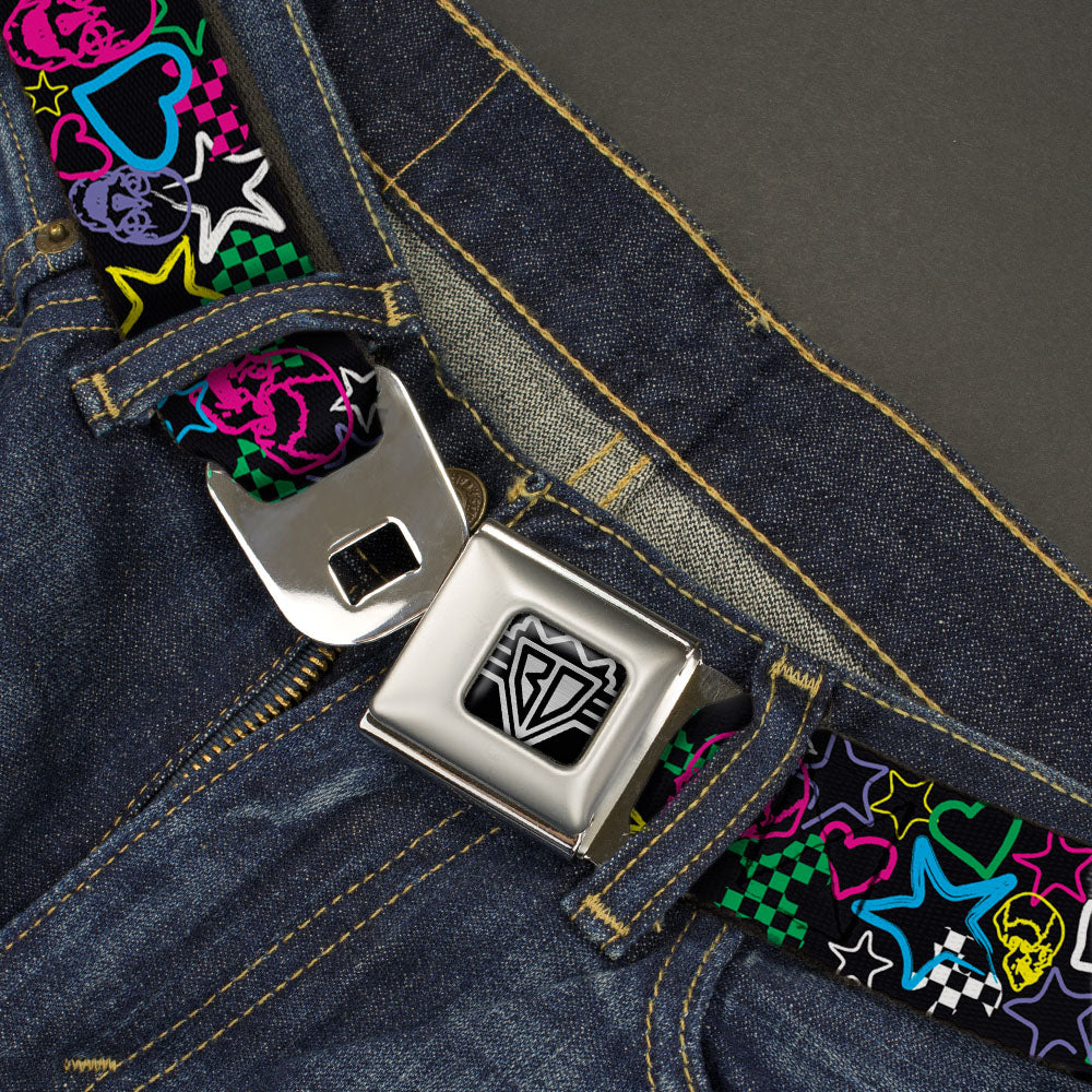 BD Wings Logo CLOSE-UP Full Color Black Silver Seatbelt Belt - Sketch Skull/Star/Heart/Checker Black/Multi Webbing