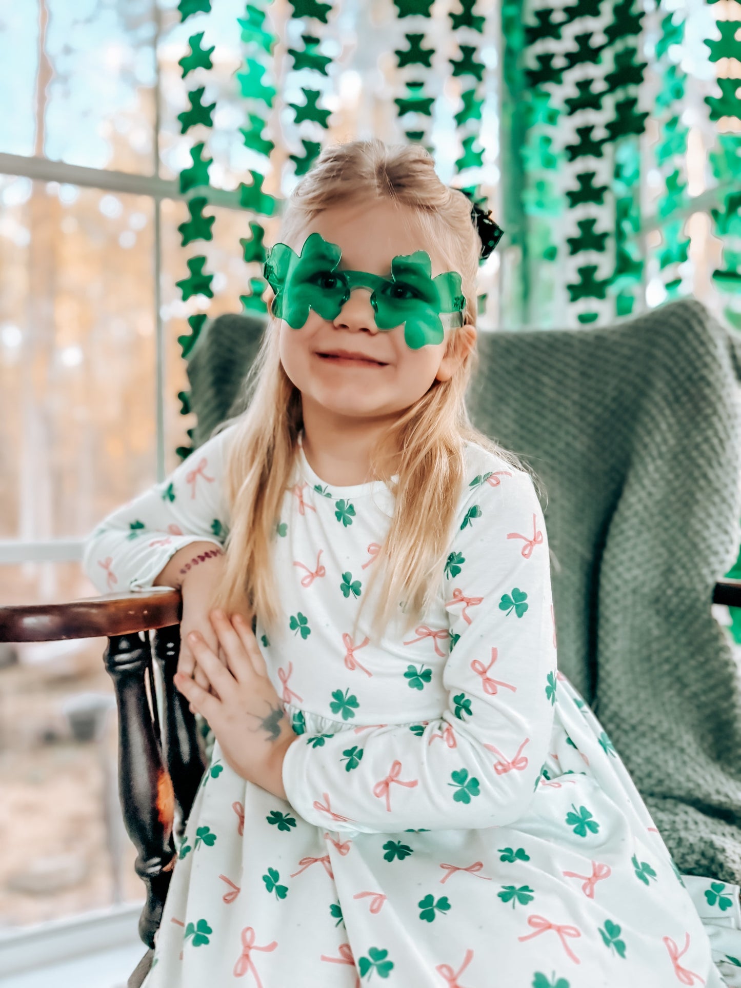 St. Patrick's Day Bow Shamrock Print Ruffles Girls Dress