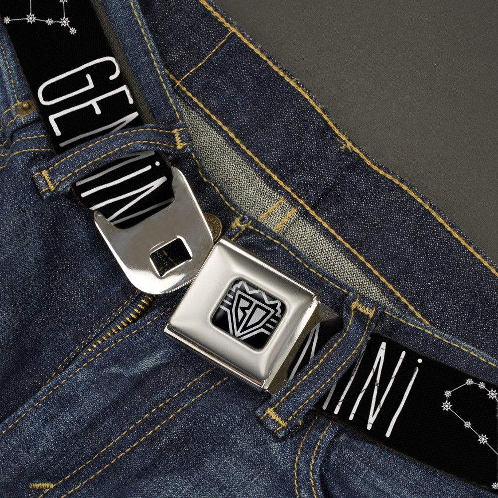 BD Wings Logo CLOSE-UP Full Color Black Silver Seatbelt Belt - Zodiac GEMINI/Constellation Black/White Webbing