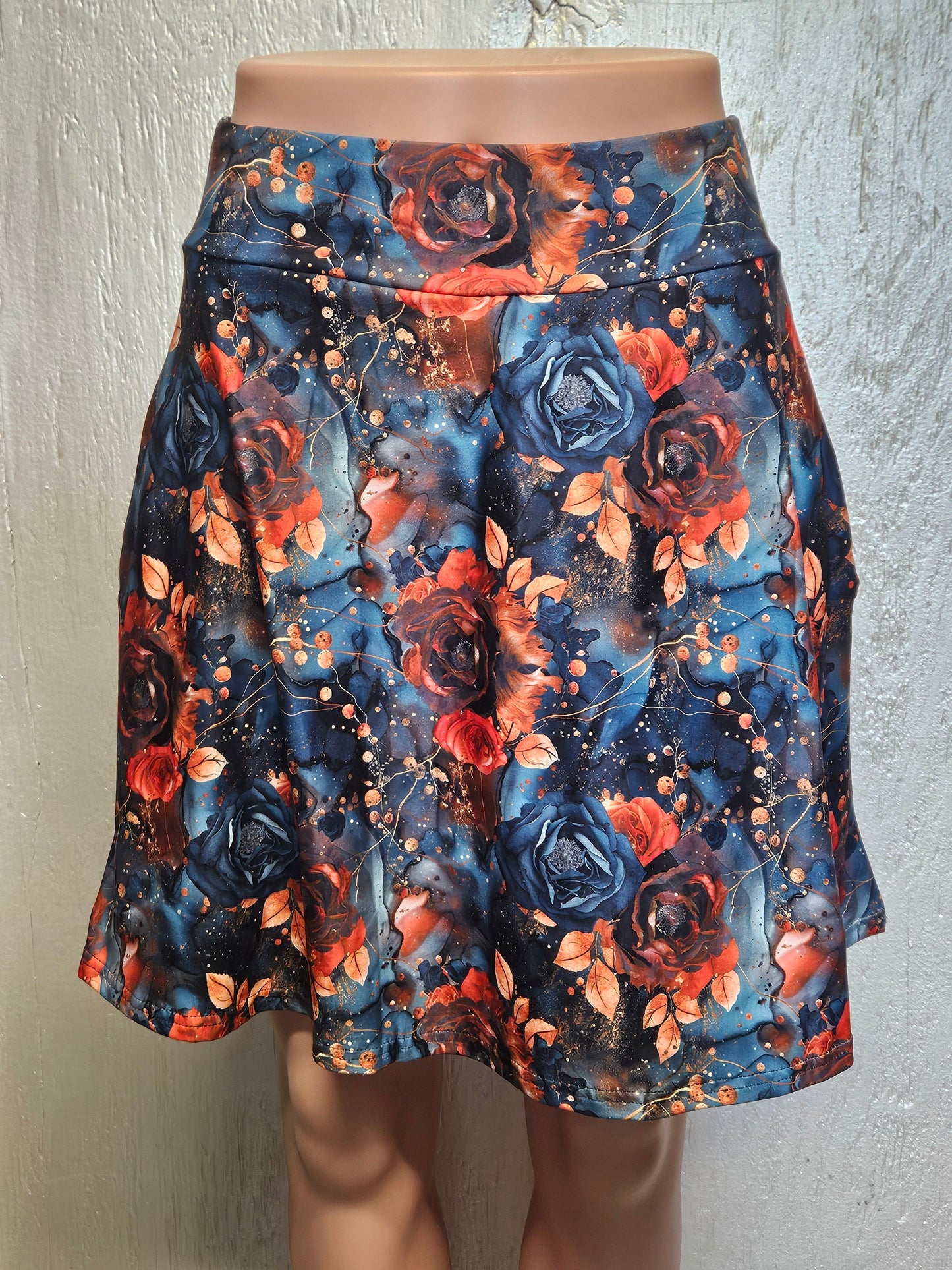 Navy Orange Flowers capri leggings and skorts with pockets