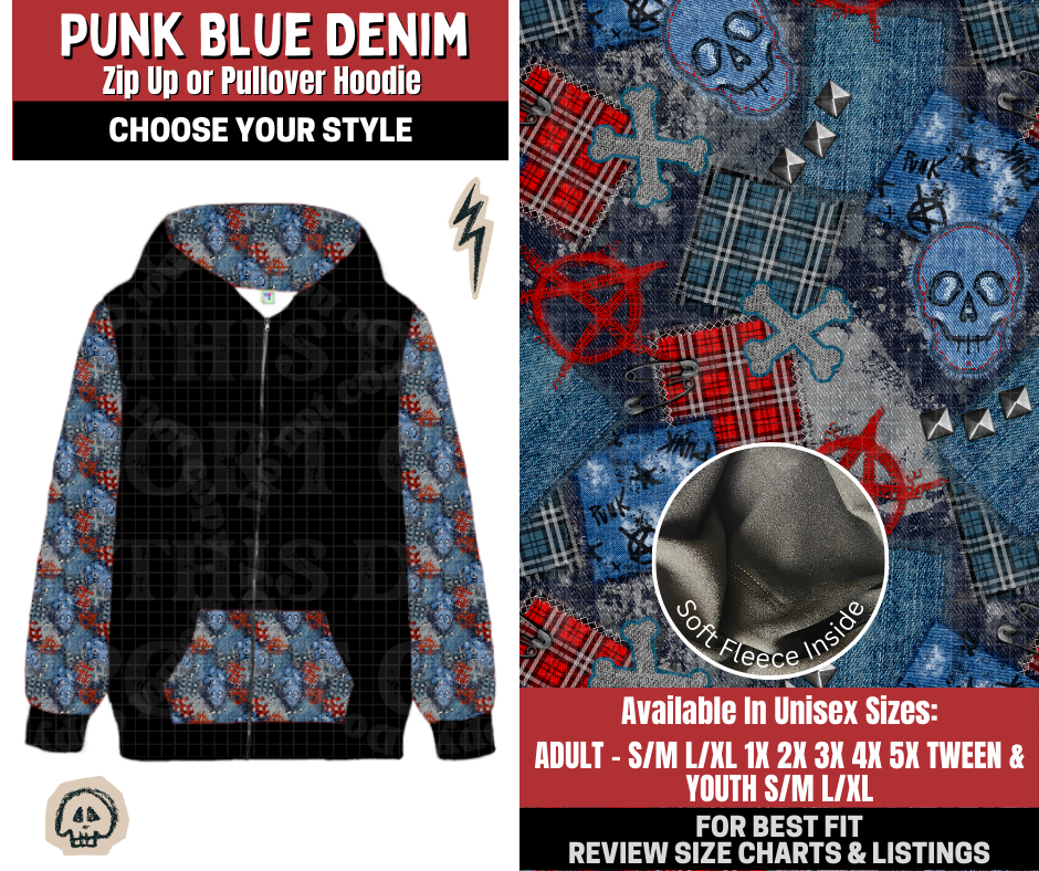 Preorder! Closes 12/22. ETA March. Punk Blue Denim Zip-Up or Pullover Hoodie