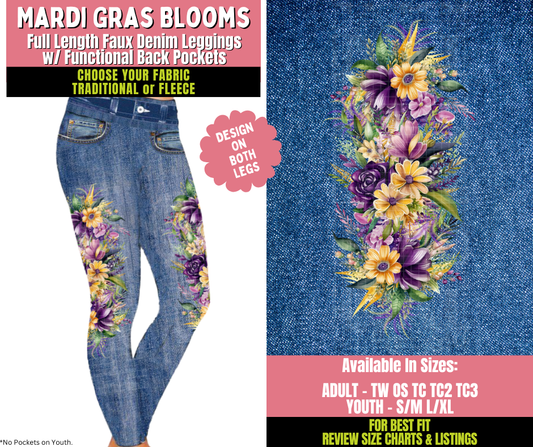 Preorder! Closes 11/20. ETA Jan. Mardi Gras Blooms Faux Denim Leggings w/ Side Leg Designs Choose Fleece or Traditional