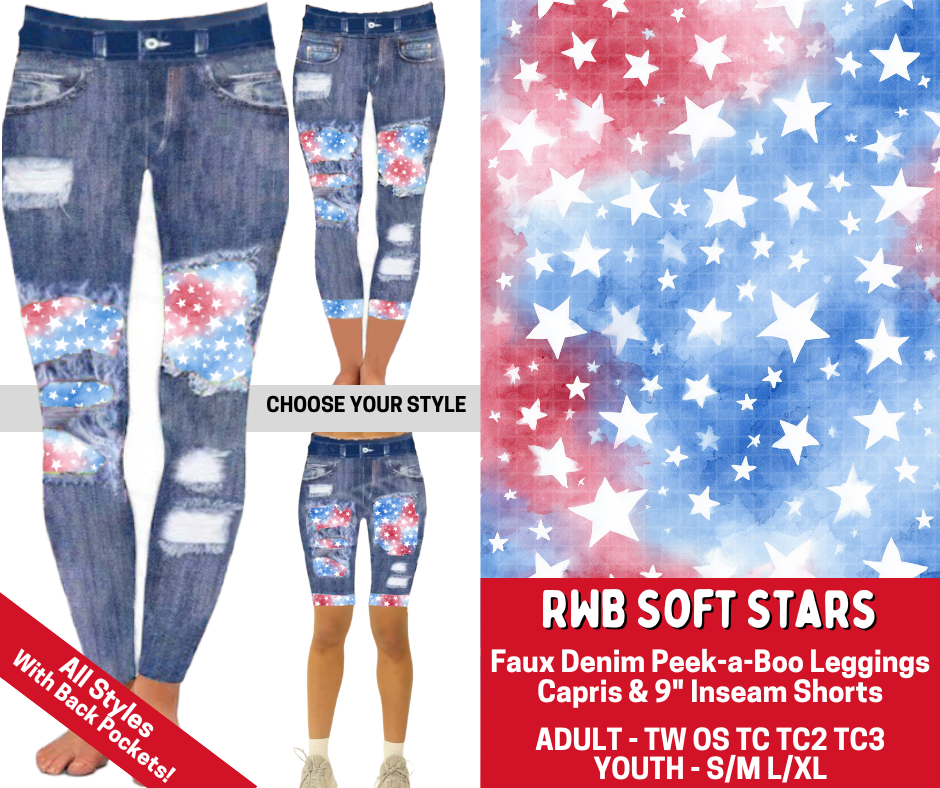 Preorder! Closes 3/19. ETA June. RWB Soft Stars Combo Faux Denim Peekaboo Legging Lengths