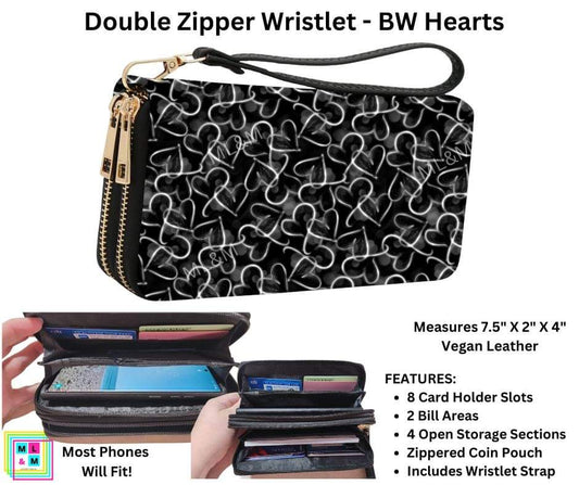 BW Hearts Double Zipper Wristlet